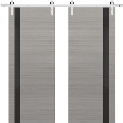 Porte de grange double robuste avec rail Planum 0040 Blanc Soie et vitrage noir, supports de rail de 4 m (13 pi), portes intérieures à panneaux pleins et lourds - 152 cm x 203 cm (60 po x 80 po) (2 x 76 cm x 203 cm) - Rail argenté