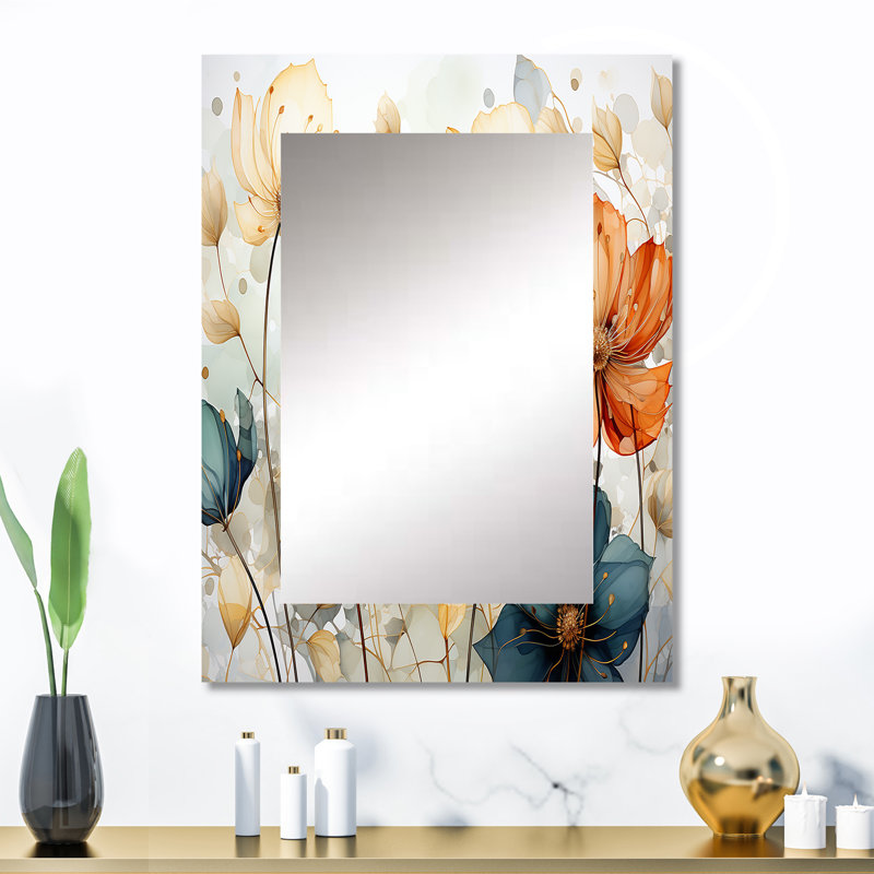 «Teal Orange Petal Mosaics I», miroir décoratif Botanicals, miroir mural bleu sarcelle, impression d'art en métal