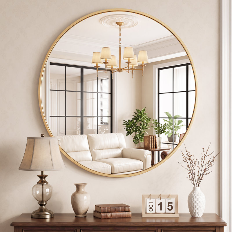 Metal Round Wall Mirror, Gold, 36" x 36"