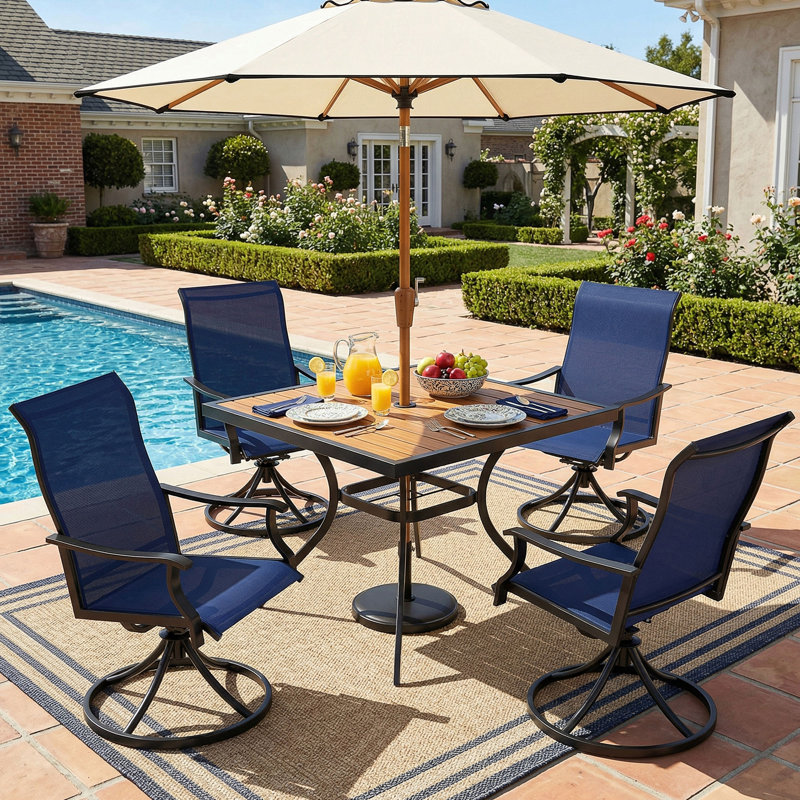 Ensemble de salle à manger 5 pièces pour patio HDPS - 4 chaises berçantes pivotantes, filet en textilène, table en faux bois 36 "avec trou pour parasol