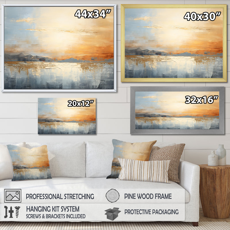 " Minimalism Beige And Gold Sunset ", 24" H x 32" W x 1" D, Gold Floater Framed