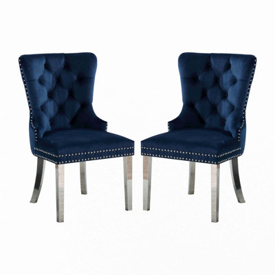Set Of 2 Wingback Dining Chairs With Button Tufted Back In Blue And Chrome