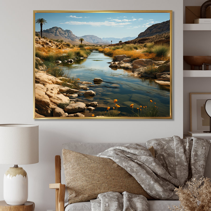Désert oasis III sur toile, H 34 po x l 44 po x P 1,5 po, Cadre flottant doré