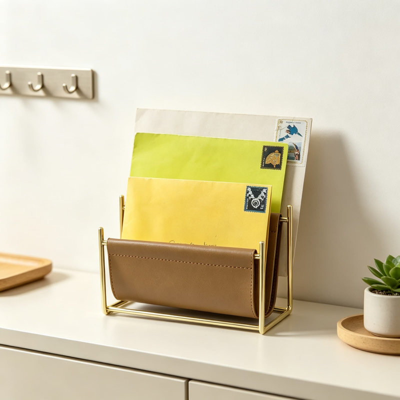 Porte-courrier moderne à deux fentes et trieur de lettres avec structure en métal de couleur laiton et toile en similicuir pour bureau d'entrée ou plateau de table