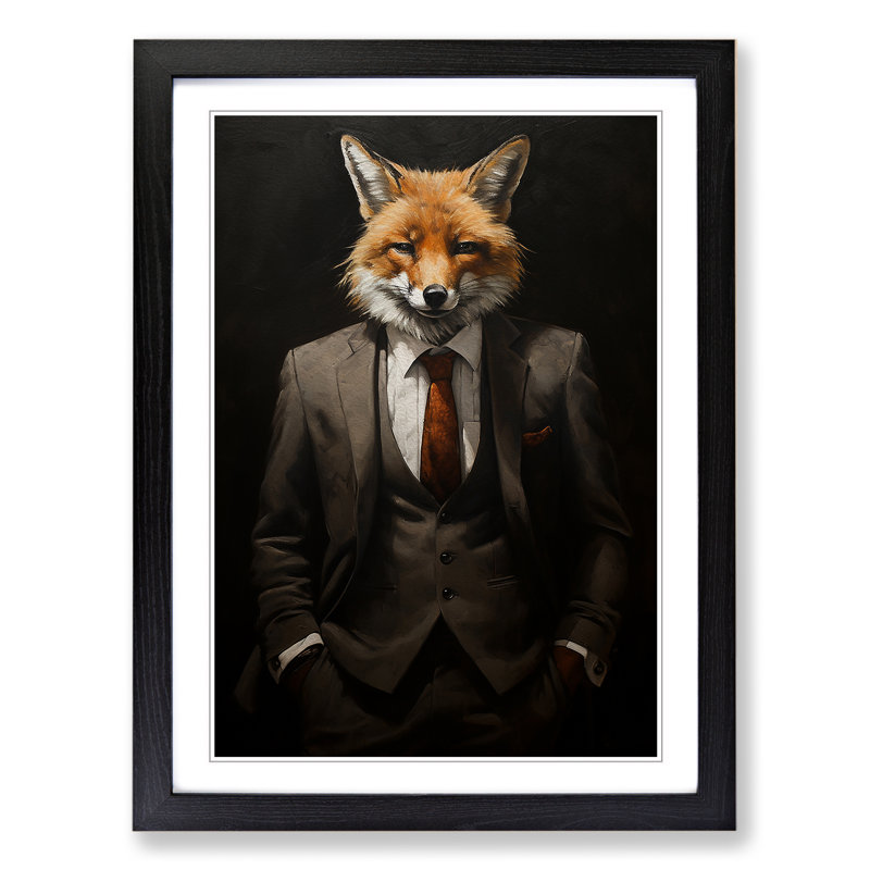 Fox in a Suit Painting - Framed Print, Black Framed, 46cm H x 34cm W