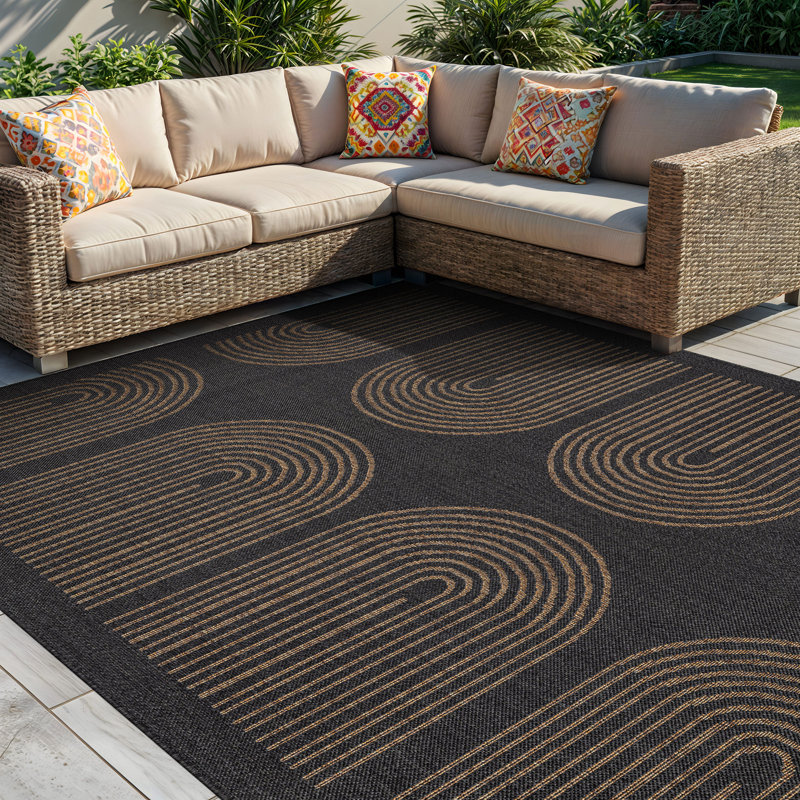 Geometric Border Dark Gray/Natural Easy-Care Jute-Style Indoor/Outdoor Flat Woven Area Rug, Dark Gray, Rectangle 5' x 7'