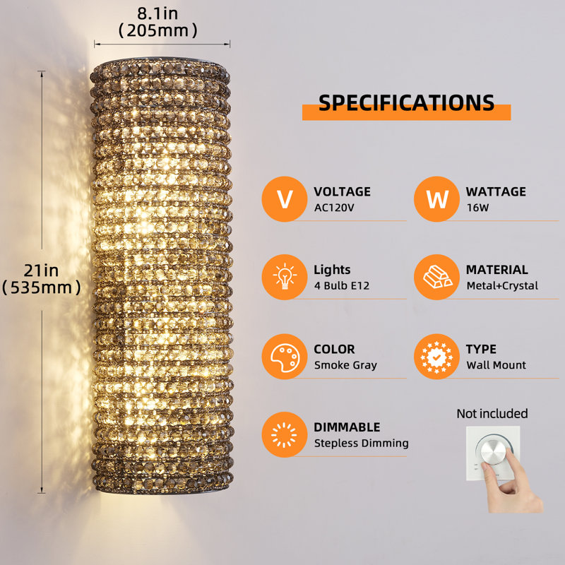 Dimmable LED Crystal Wall Light Wall Sconce (Bulbs Included), Gray