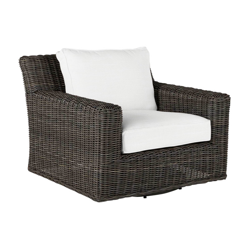 Rustic Patio Armchair with Cushions, Rollo Lace InsideOut® Linen, No Welt, Black Walnut