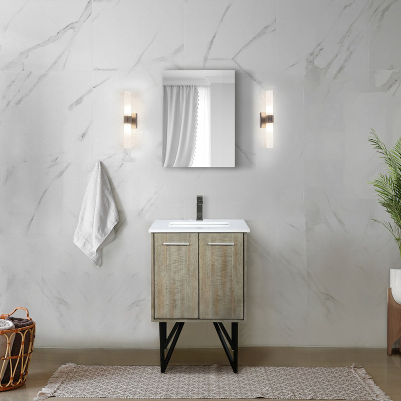24 po Vaste meuble-lavabo rustique pour la salle de bain, comptoir en quartz blanc, robinet en métal et miroir 18 pièces