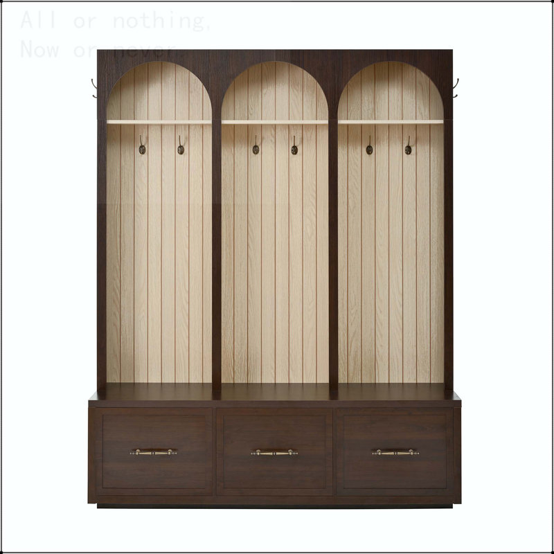 Arched Wooden Hall Tree with 8 Hooks and Drawers, Dark Walnut