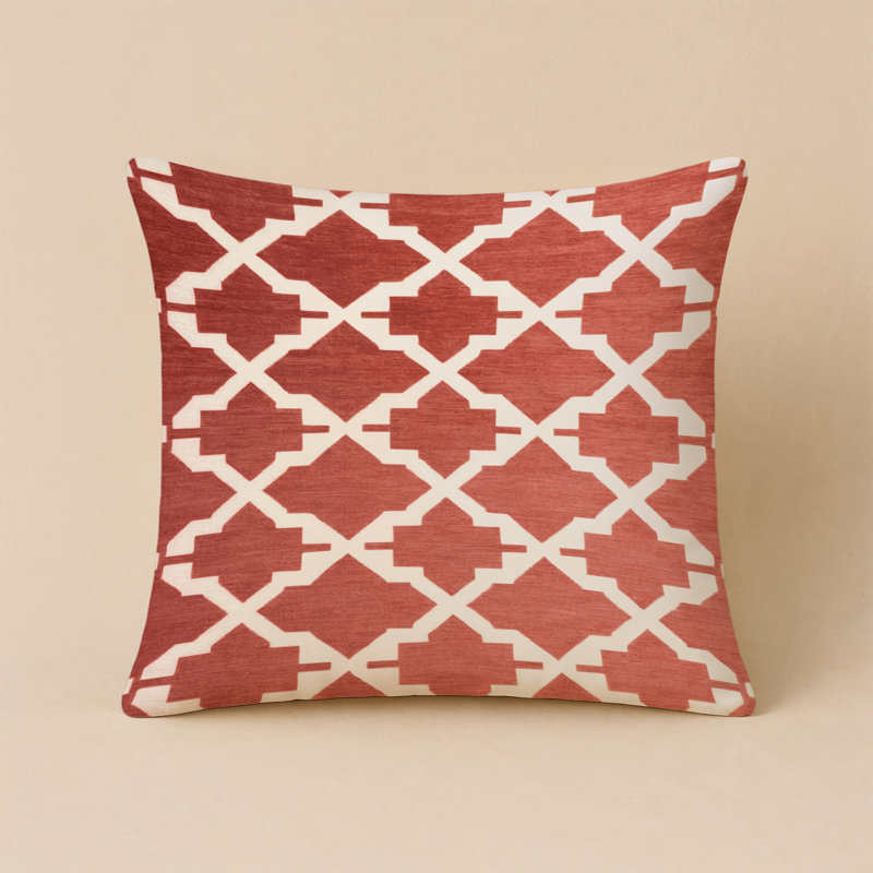 Coussin décoratif intérieur et extérieur beige Trellis, Treillis rouge 410, Carré Carré 16 po