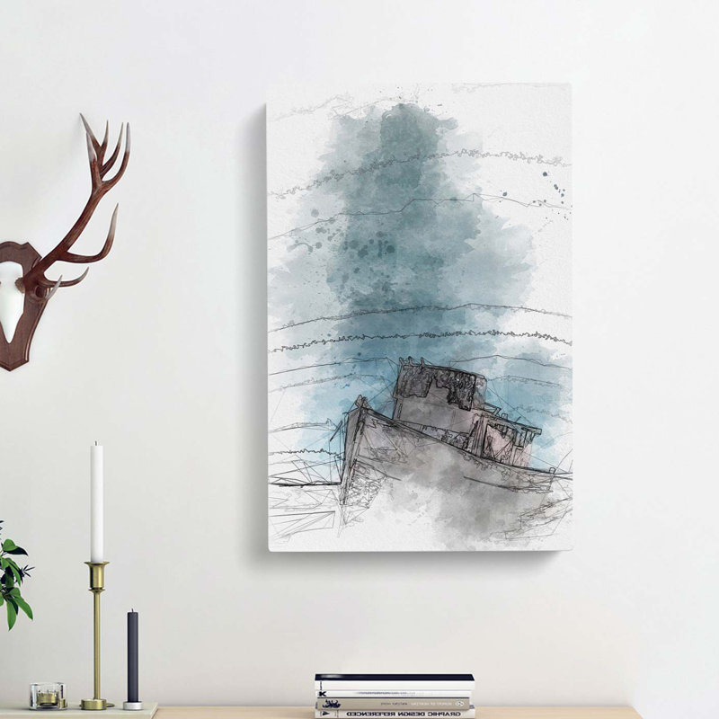 Stranded Boat Upon the Beach in Abstract - Wrapped Canvas Drawing - Wrapped Canvas, 60cm H x 40cm W x 3cm D
