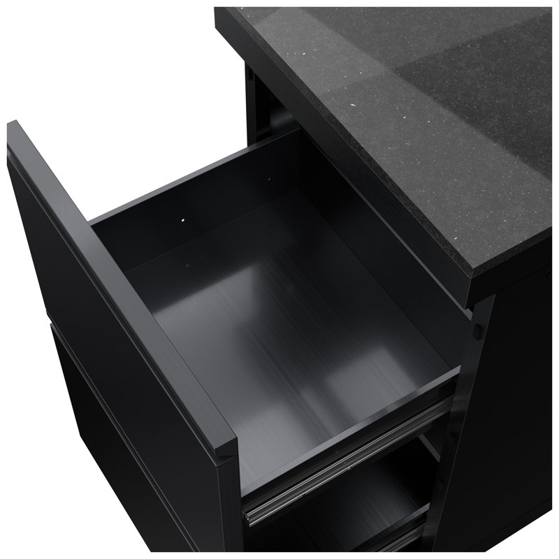 Armoire de rangement extérieure noire en acier inoxydable à double tiroir avec plan de travail en granit et roues réglables