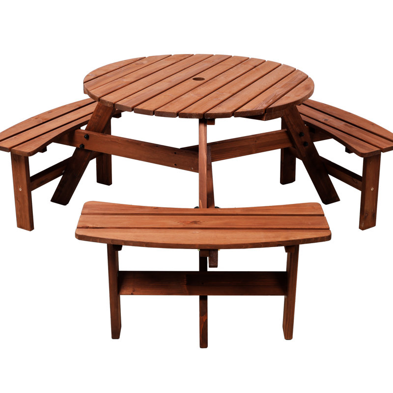 Table de pique-nique pour 6 personnes, table ronde en bois pour le patio, 3 bancs, trou pour parasol, plateau de table de 35 pouces, bords arrondis lisses intégrés, brun