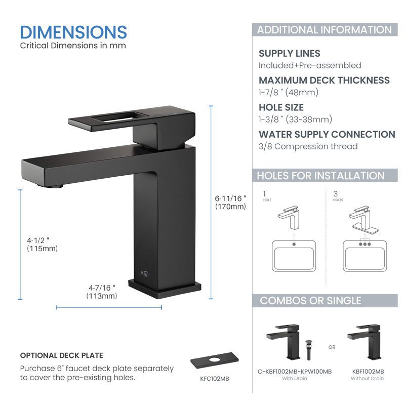 Robinet de salle de bain à un trou cubique avec ensemble de bonde optionnel, Drainage inclus, Noir mat