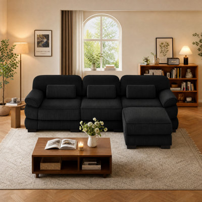 Canapé modulaire en L en forme de L, canapé 3 places avec repose-pieds, coussins de siège épais et confortables, tissu respirant en velours côtelé, vert pour le salon