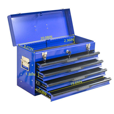 Blue And Black Portable Steel Tool Box With Drawers, Bearing Slide Rails, Ample Storage, Comfortable Handles, Good For Office Storage 20 - Inch Powder Coated, Lockable Top Tray Quick Access
