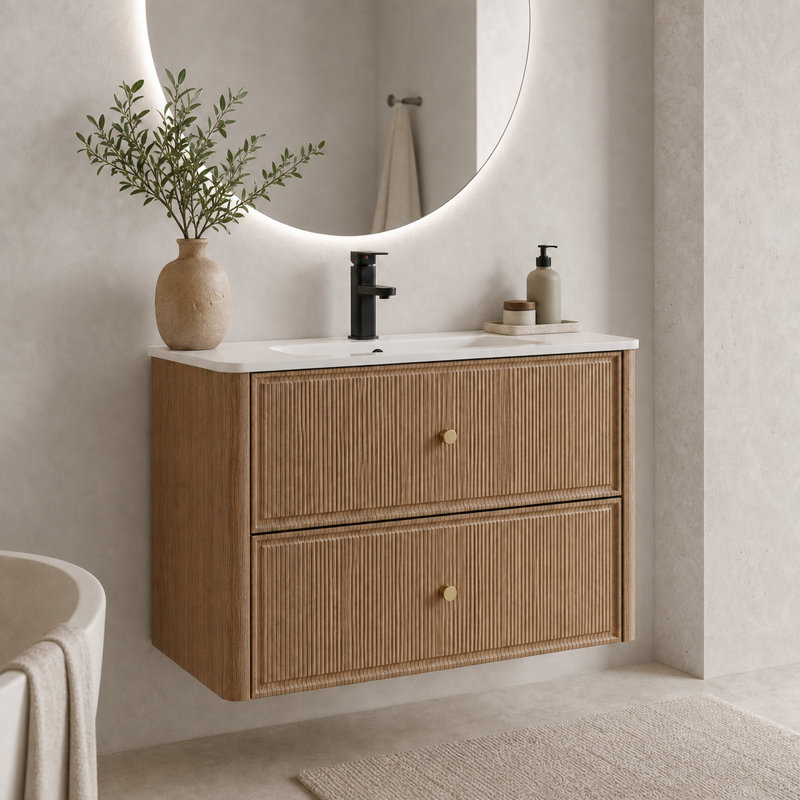 Meuble-lavabo mural simple de 76 cm (30 po) avec comptoir, style moderne du milieu du siècle, en bois cannelé avec coins arrondis, 2 tiroirs à fermeture douce