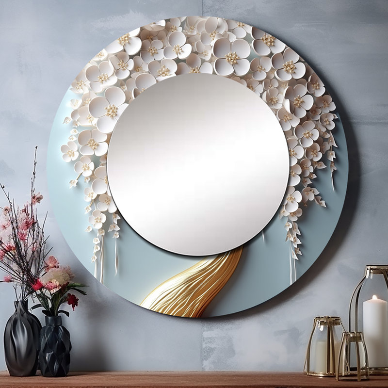 Orchidée blanche Raely, jardin de branches VI - grand miroir mural floral, 36 po x 36 po