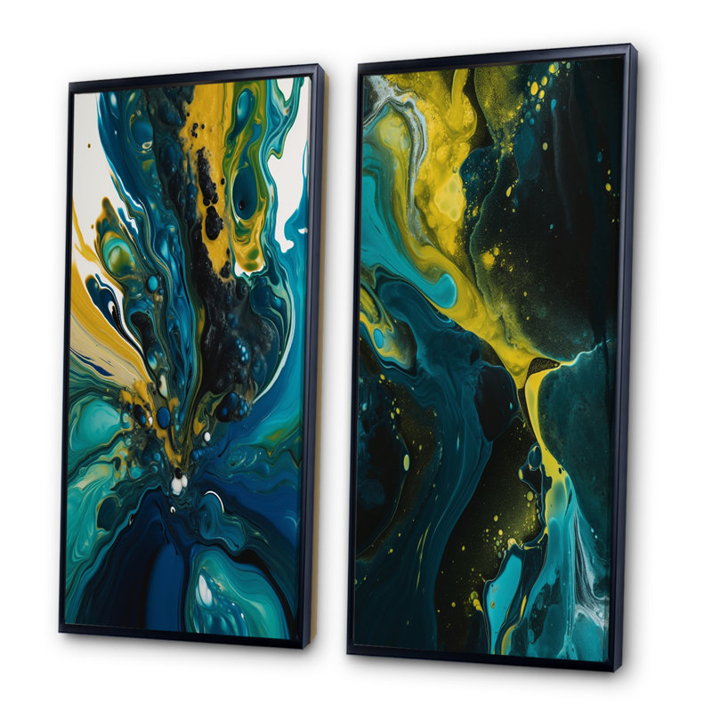 «Teal and Yellow Liquide Dreams», 2 pièces sur toile, Cadre noir, H 32 po x l 32 po