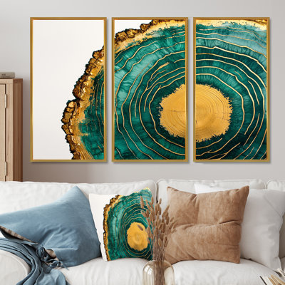 Emerald And Crystal River On Wooden Slide III - Crystals Wall Art For Living Room - Set Of 3