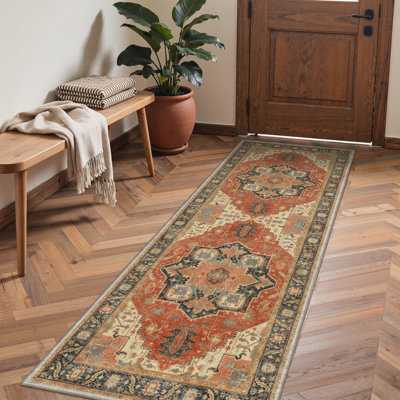 Tapis d'intérieur rétro en terre cuite / gris anthracite / beige lavable à la machine Alhambra