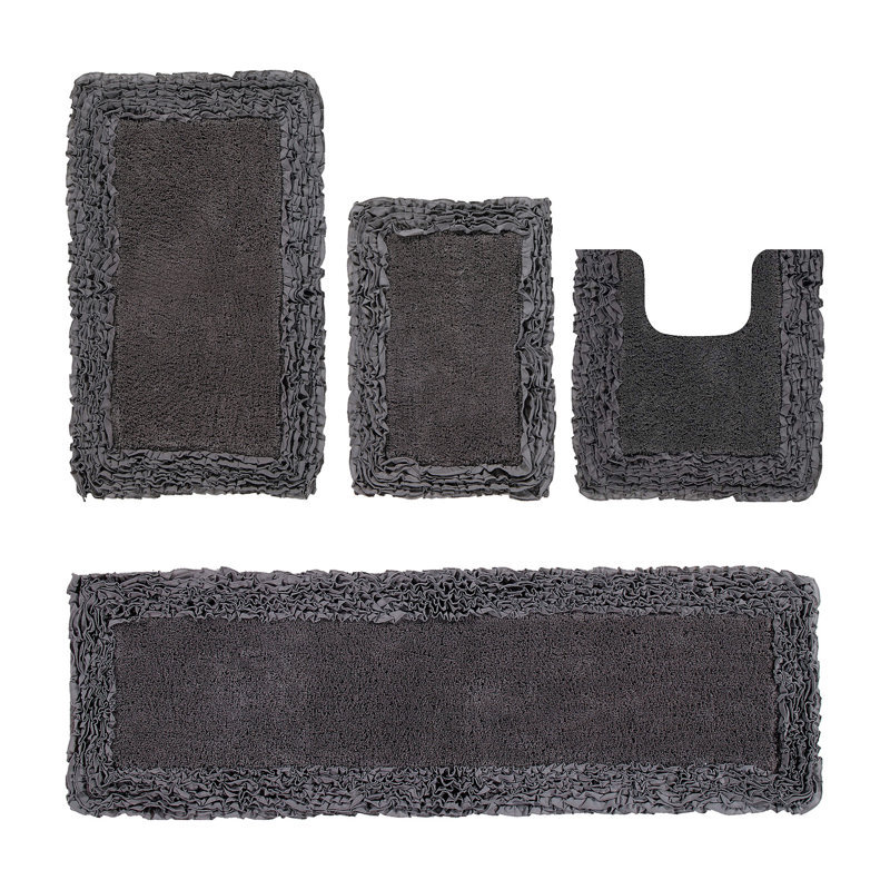 Ensemble de tapis de bain 4 pièces 100% coton 1775 g / m² Courson Premium, certifié OEKO-TEX®, envers en latex antidérapant, motif de volants touffetés moelleux, super absorbant, tapis de salle de bain lavables à la machine, gris