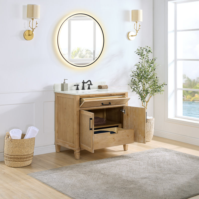 Meuble-lavabo simple autoportant Armanno 36 po avec comptoir en quartz et miroir