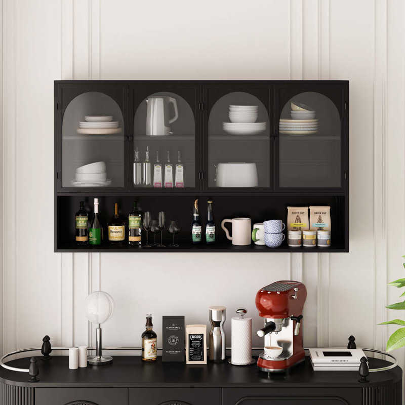 Armoire de rangement murale en verre 47,25 po à quatre portes, fixation murale, Noir, noir, noir, noir