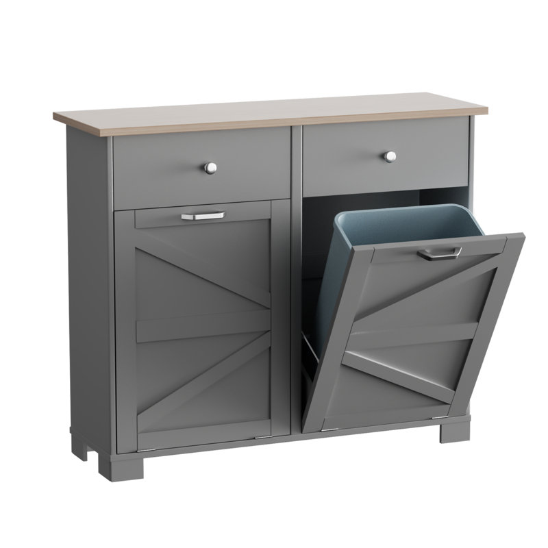 Double Tilt Out Trash Cabinet 10 Gallons Wooden Free Standing(Not include trash can), Grey