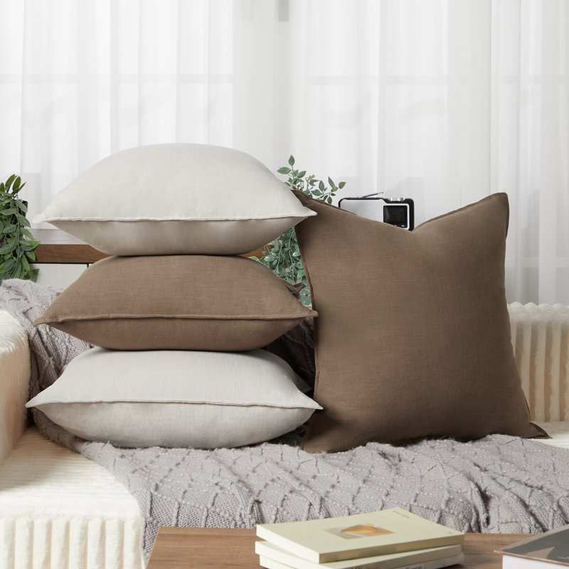 Ensemble de 4 housses de coussin, lin naturel 18 x 18 po, 2 kaki / 2 café, Kaki / café