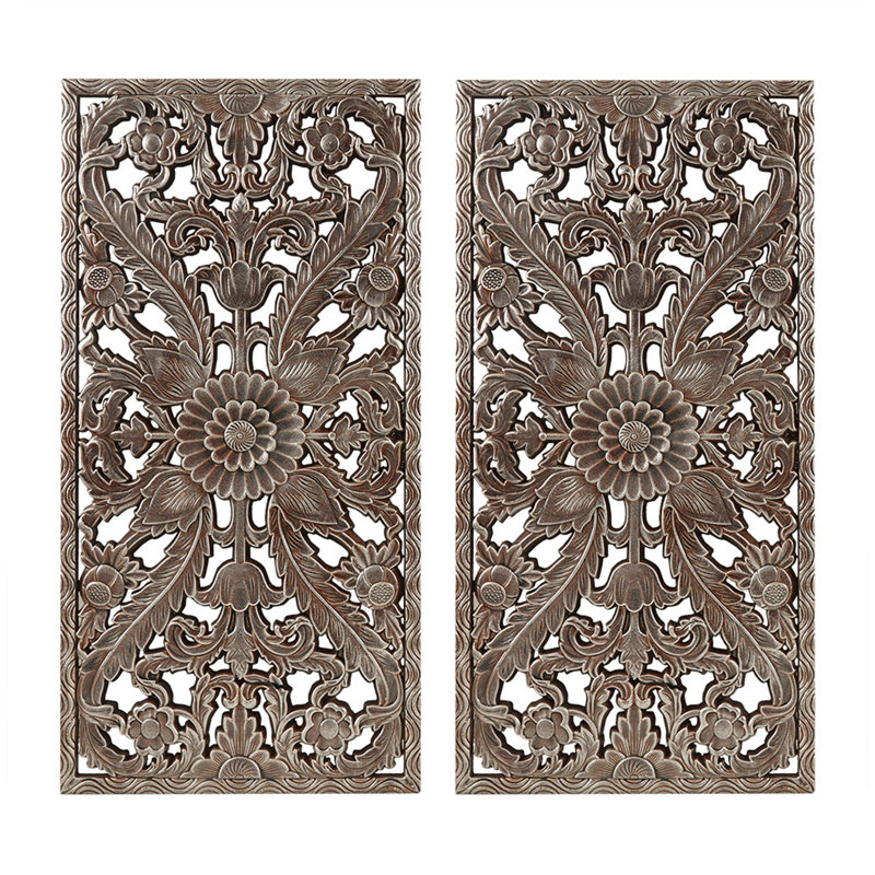 Distressed Carved Wood 2-Piece Wall Decor Set, Bronze
