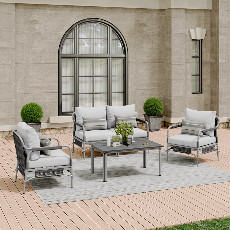 Hope 4-Person Aluminum & Wicker Sofa Seating Group with Cushions & Sunbrella Pillows