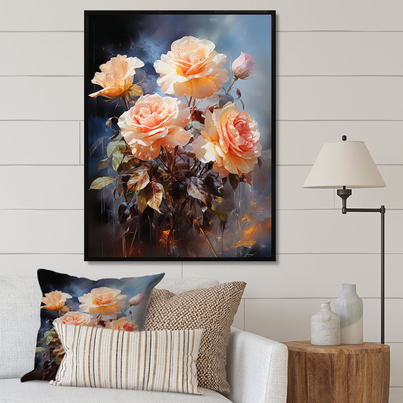 «Colsten Peach Roses Romantic Impression I», reproduction sur toile, H 20 po x l 12 po x P 1 po, Cadre flottant noir