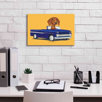 «Brown Dachshund Blue Truck» par Danny Gordon, reproduction d'art sur toile