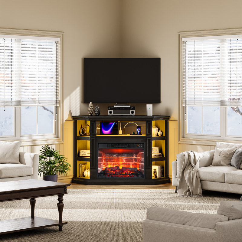 Meuble télé 47 po pour téléviseur de 55 po ou moins avec foyer électrique l 23 po, Noir, Classic Faux Brick Interior