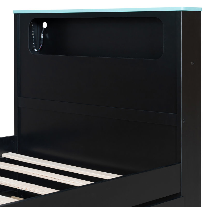Wood Daybed With Trundle,Desk,LED Light And USB, Twin, Black/Blue