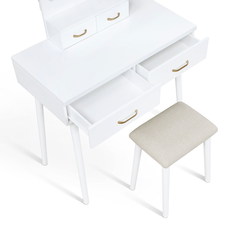 Ensemble de coiffeuse à maquillage 4 tiroirs Kamila, Blanc