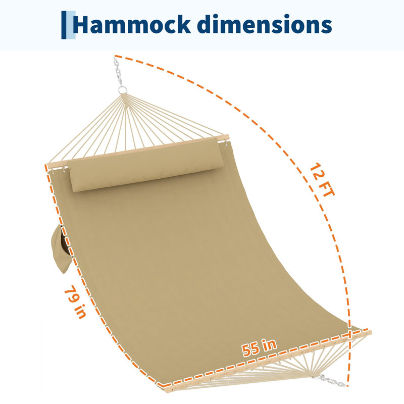 Quilted Double Hammock for 2 Adults –  Heavy-Duty, Wooden Spreader Bar, Detachable Pillow, Chains – Ideal for Patio, Garden, Porch, Indoor/Outdoor Lounging – Brown-Yellow, 350cm