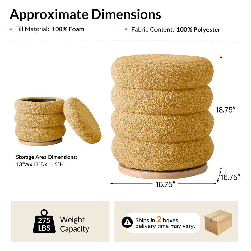 Rosa Modern Storage 360°Swivel Round Ottoman With Solid Wood Base, Mustard