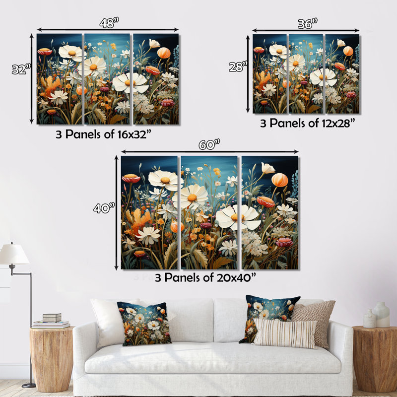 Symphonie florale blanche sur toile 3 pièces, H 32 po x l 48 po x P 1 po