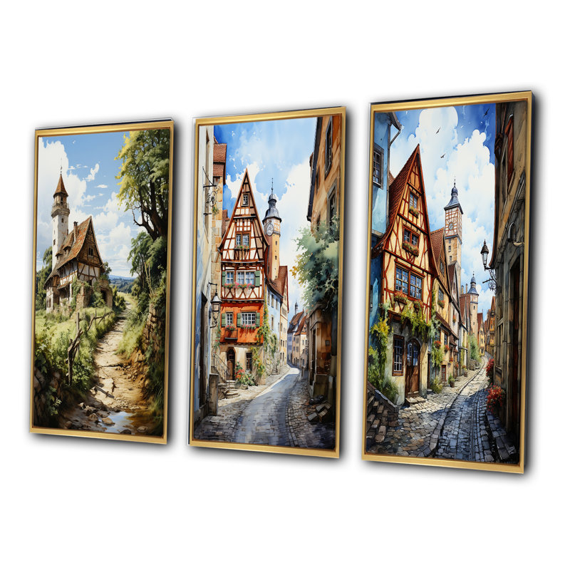 "Allemagne campagne" 3 pièces sur toile, Encadrement doré, H 28 po x l 36 po