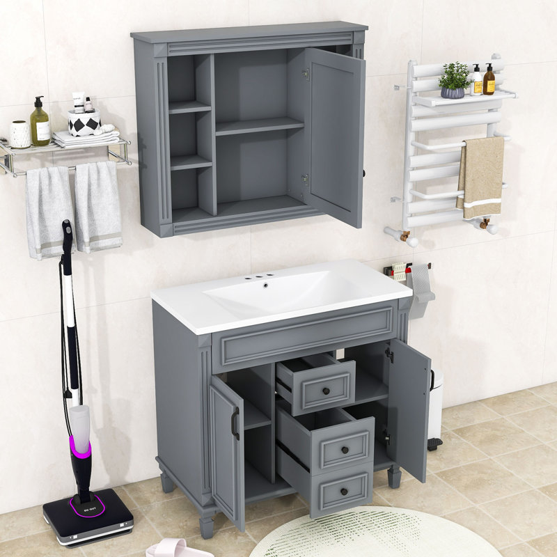 Ensemble de meuble-lavabo simple en bois avec armoire à miroir Effy, Gris