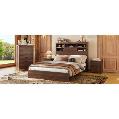 4PCS Bedroom Sets, Wooden Queen Size Bed Frame With Storage Headboard And Charging Station, 2 Nightstands With 2 Drawers, 1 Dresser With 5 Drawers, Wa