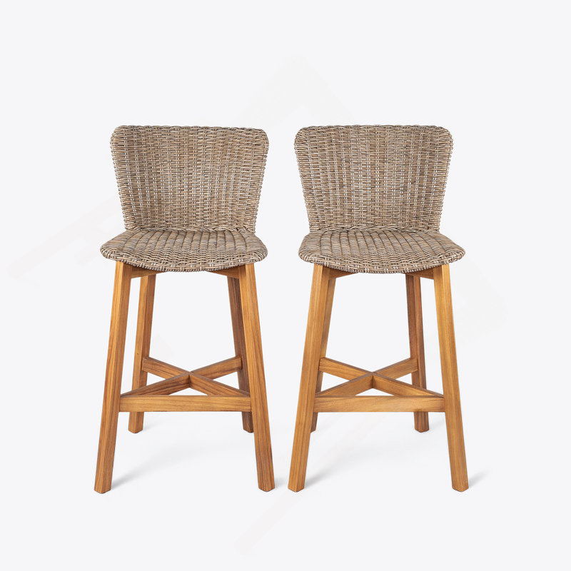 Tabouret de bar d'extérieur en bois fini teck avec osier brun clair, ensemble de 2