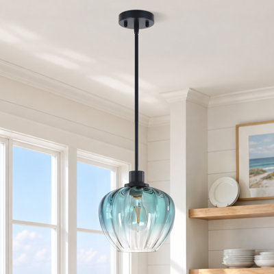 Alejo 9.05'' 1-Light Apple-Shaped Gradient Blue Ribbed Glass Pendant Light for Kitchen Island