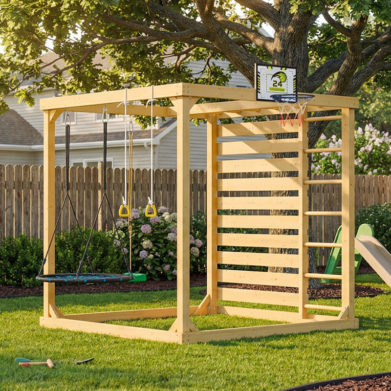 Ensemble de jeu extérieur en bois 8 en 1 | Mur d'escalade, balançoires, panier de basketball et bac à sable