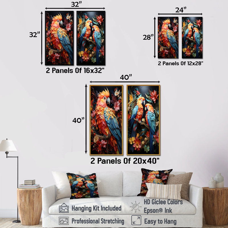 «Parrots Celestial Dance Melody», ensemble de 2 reproductions d'art perroquet, H 28 po x l 25 po, Toile tendue