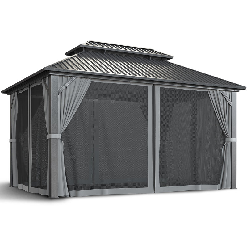 10 ft. x 14 ft. Hardtop Gazebo with Aluminum Frame,Double Roof Gazebo with Nettings and Curtains