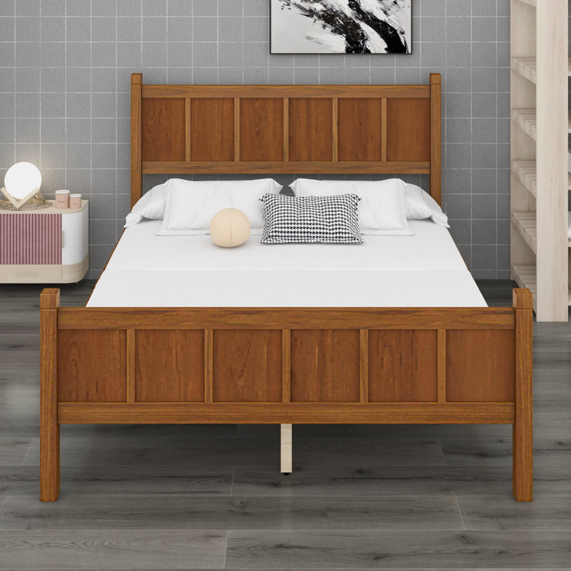 Lit à panneau plat Modern Farmhouse avec finition grain de bois, tête et pied de lit, Lit simple, Noyer clair